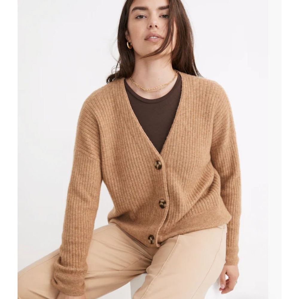 Madewell Cameron Alpaca Wool Blend Ribbed V-Neck Cardigan Sweater Tan Brown 4XL